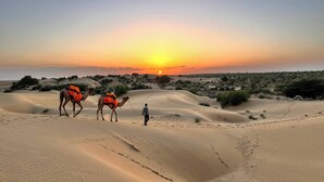 Paisaje desértico con dunas de arena y un atardecer.