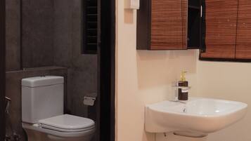 Habitación doble económica | Baño | Regadera, regadera tipo lluvia, bidet, toallas