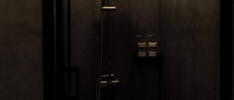 A dark, enclosed shower area with a handheld showerhead and a wall-mounted faucet. There are two bottles of shampoo and conditioner on a small shelf.