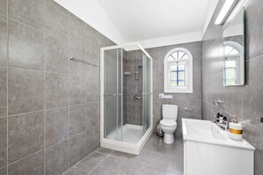 Ein modernes Badezimmer mit einer Duschkabine, einer Toilette und einem Waschbecken mit Pflegeprodukten.