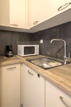 Fridge, microwave, stovetop, coffee/tea maker