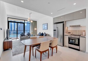 Luxury Apartment, 2 Bedrooms, Marina View, Sea Facing | Living area | TV - Marina Harbour View 2BR & Beach Access (Dubai)