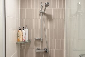 Hair dryer, bidet, towels, soap