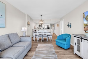 Exclusive Condo, 2 Bedrooms, Balcony, Ocean View | Living room | 50-inch Smart TV with digital channels - Bluewater Resort Condos (Myrtle Beach)