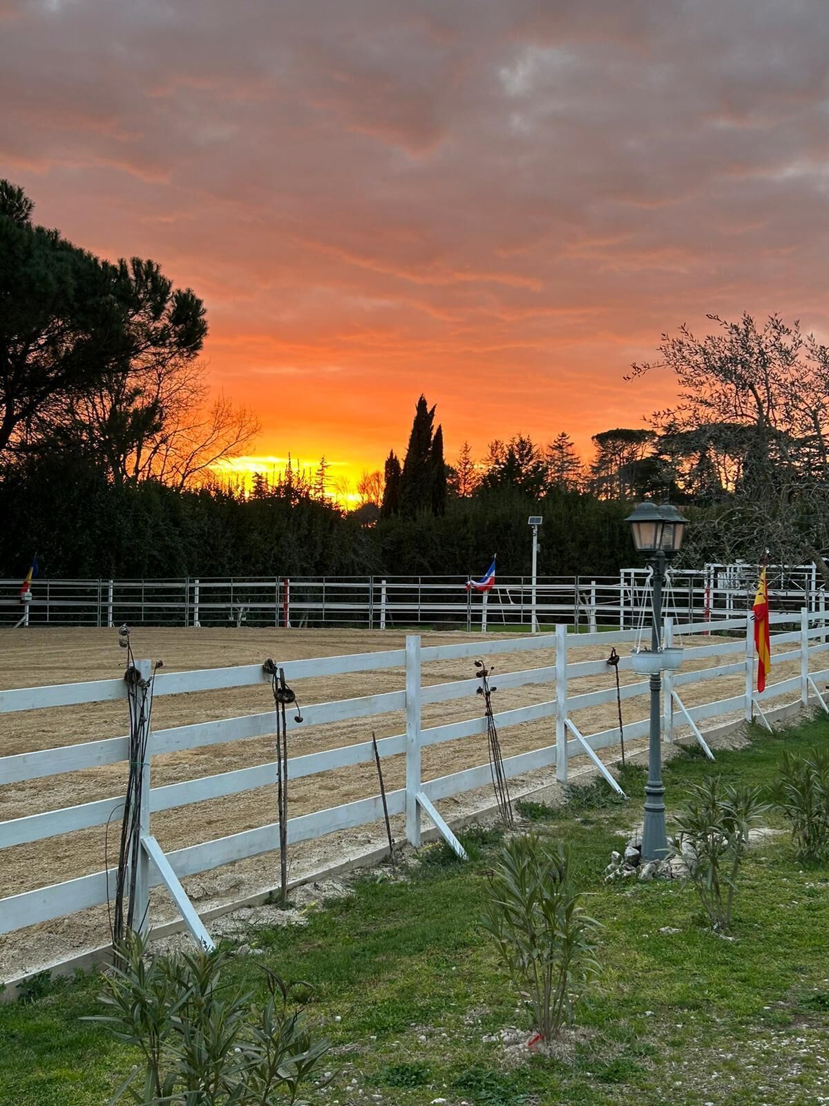 Ein eingezäunter Außenbereich mit Sonnenuntergang im Hintergrund.