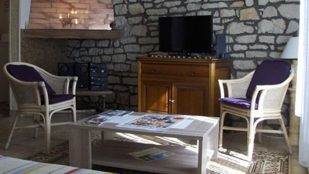 A cozy room with stone walls, a flat-screen TV, wicker chairs, a coffee table, and a fireplace. - Cozy studio in Nancy, near center, wifi included (Nancy)