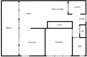 Grundriss eines Hotels mit Balkon, Salon, Münzschrank, Schlafzimmer, Bad, WC und Essbereich.