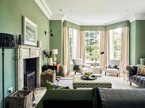 TV, fireplace, books, offices