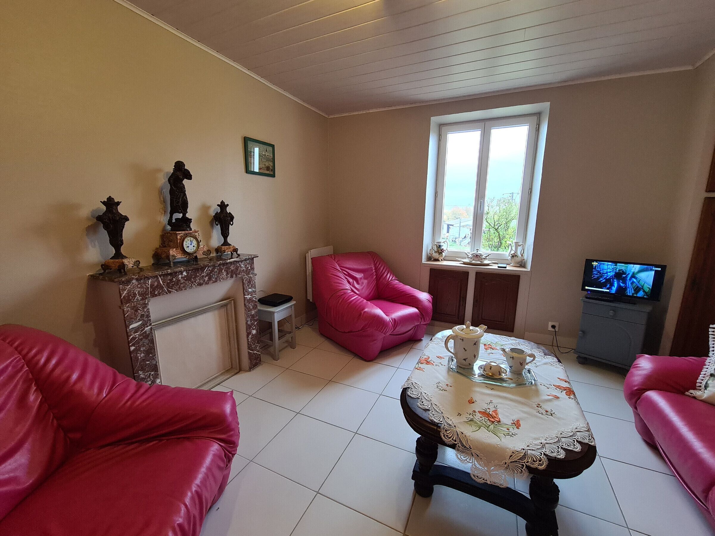 Un salon avec une cheminée, un canapé en cuir rose, une table basse et un téléviseur.