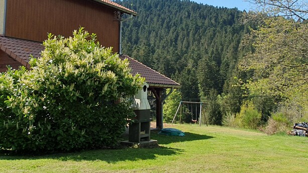 Un edificio in legno con tetto rosso, una zona esterna coperta e un pendio boscoso sullo sfondo.