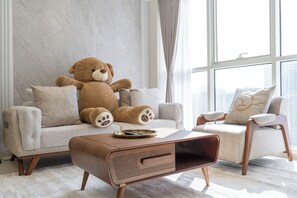 Exclusive Apartment, 3 Bedrooms, City View | Living area | 42-inch Smart TV with digital channels, Netflix, streaming services - Heaven Crest Vacation Homes Downtown - Studio, 1, & 3 Bedroom Suites 2 minute walk to Dubai Mall and Burj Khalifa (Dubai)
