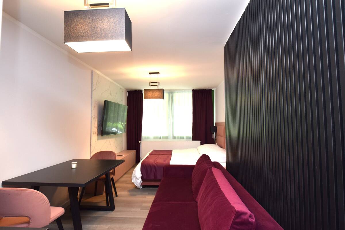 A modern hotel room with a bed, a sofa, a desk, and a TV.