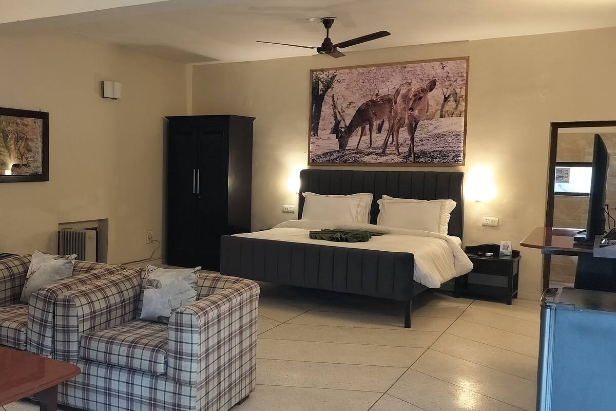A hotel room with a bed, a desk, a chair, a sofa, and a dining table.