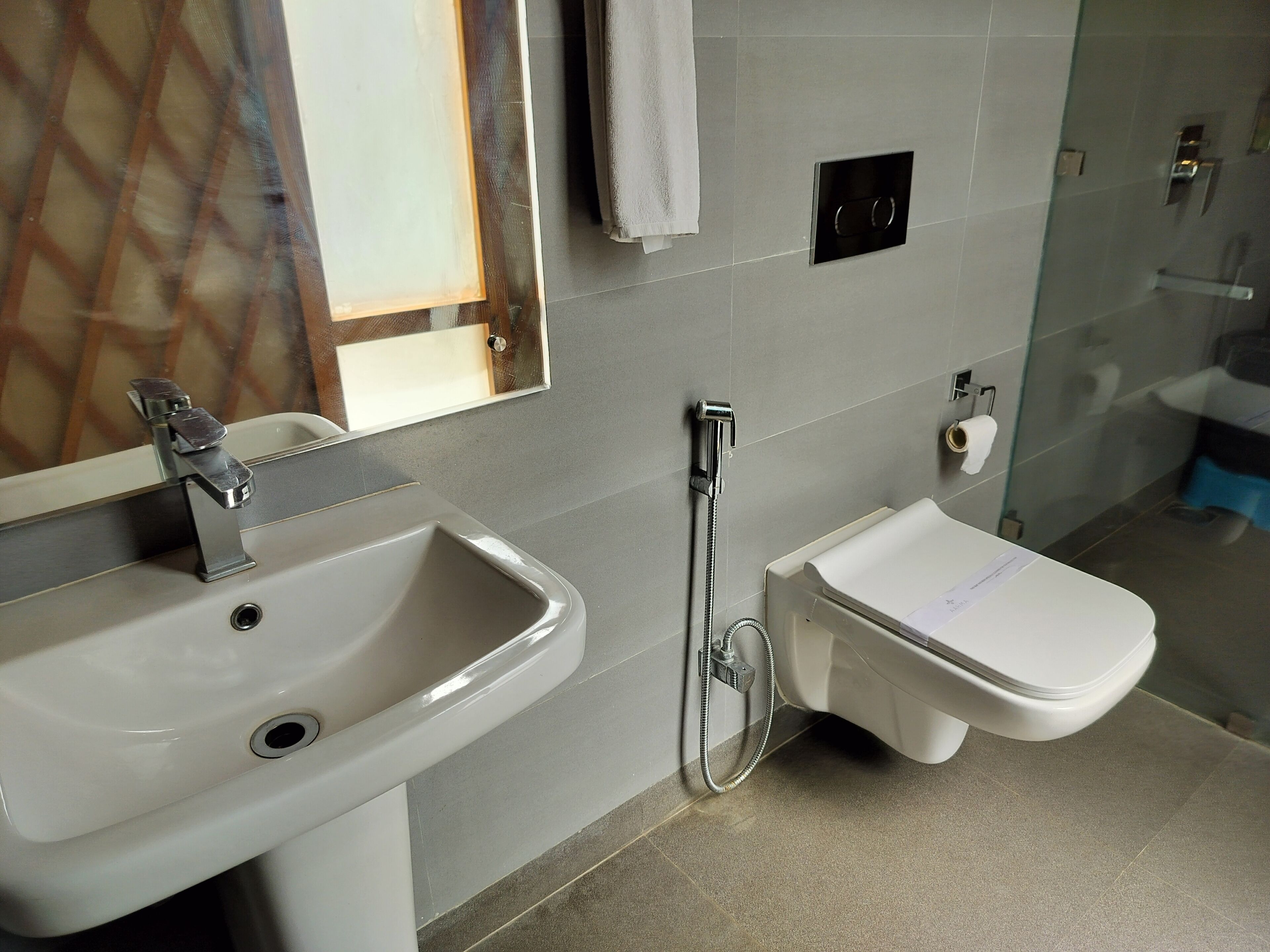 A bathroom with a sink, bidet, and a mirror.