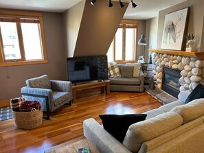 Smart TV, fireplace, books, stereo