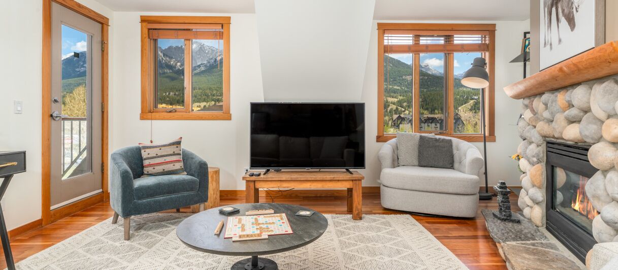 Smart TV, fireplace, books, stereo