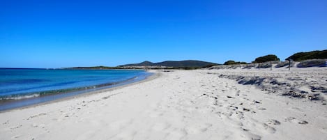 On the beach, white sand, sun-loungers, beach umbrellas
