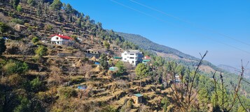 A hillside with several buildings, including a house with a red roof and a larger building with a green roof.