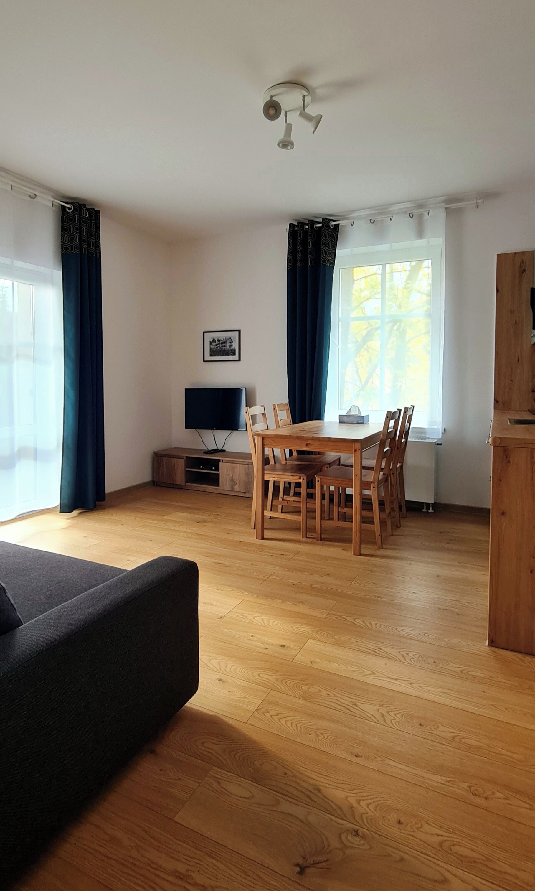 Tilava huone, jossa on puinen ruokapöytä, televisio ja suuri ikkuna, jossa on verhot.