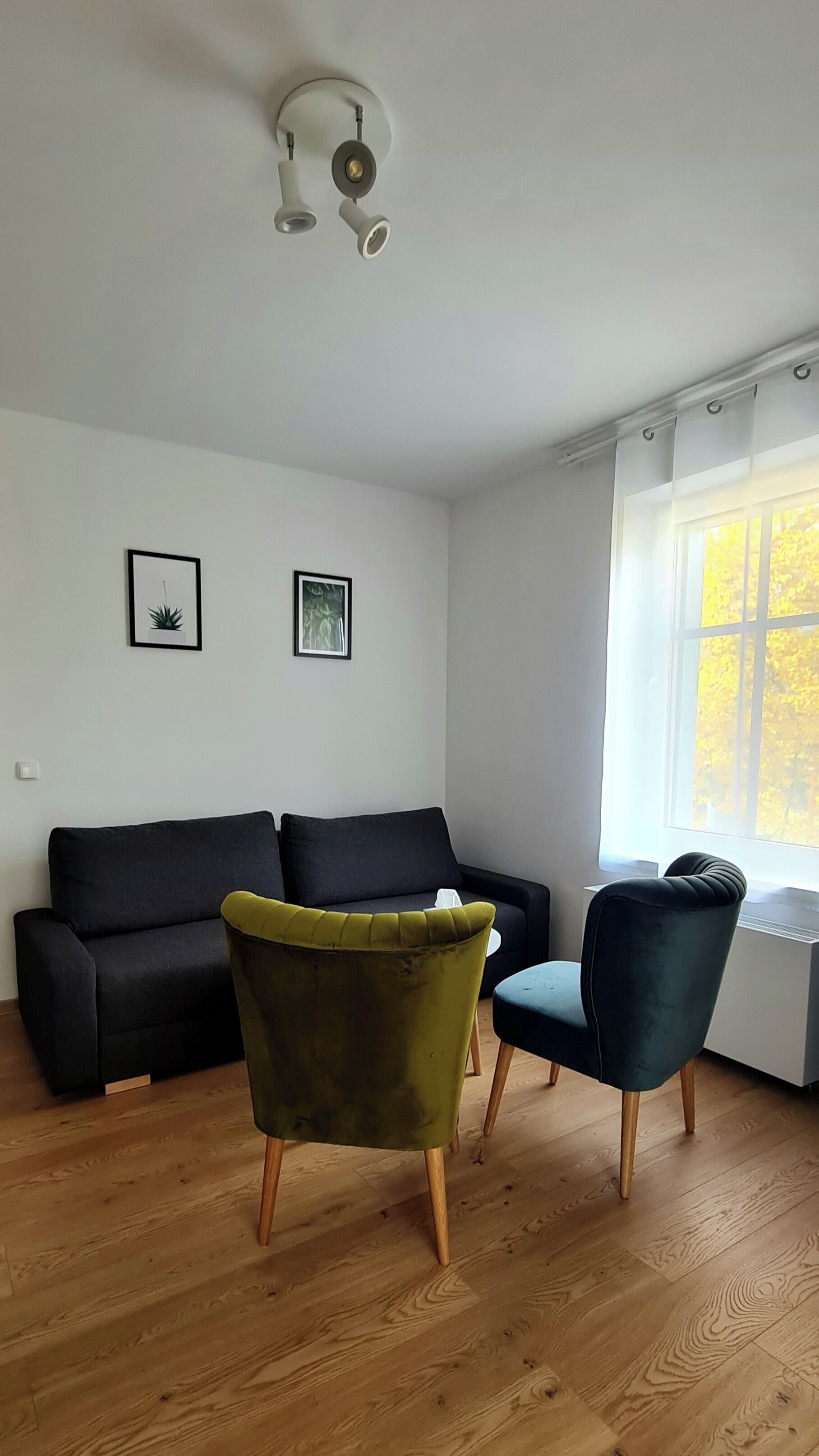 En stue med en sort sofa, to lænestole, trægulv og en loftlampe.