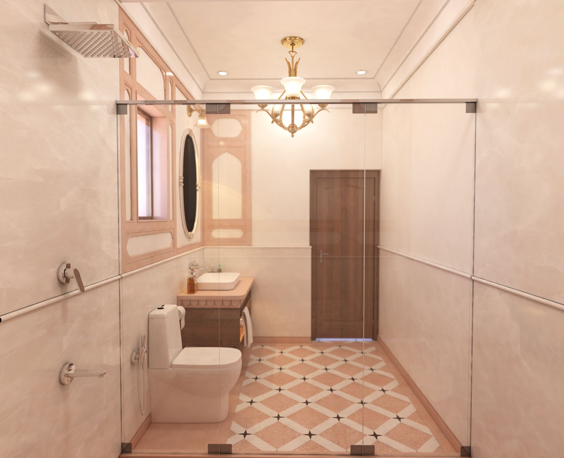 A modern bathroom with a glass shower enclosure, a toilet, a sink, and a patterned floor.