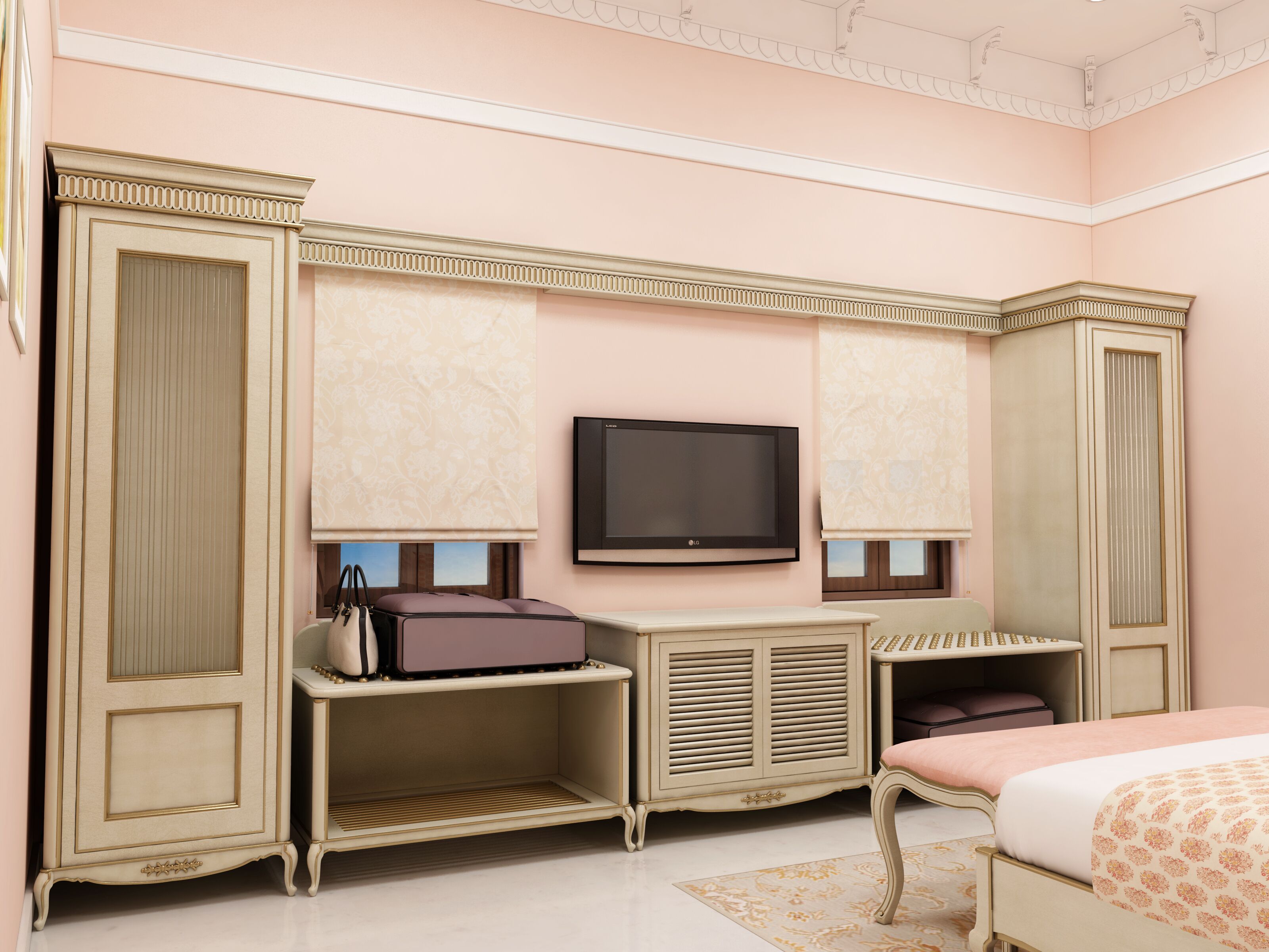 A hotel room with a large bed, a TV mounted on the wall, a desk with a suitcase, and a wardrobe.