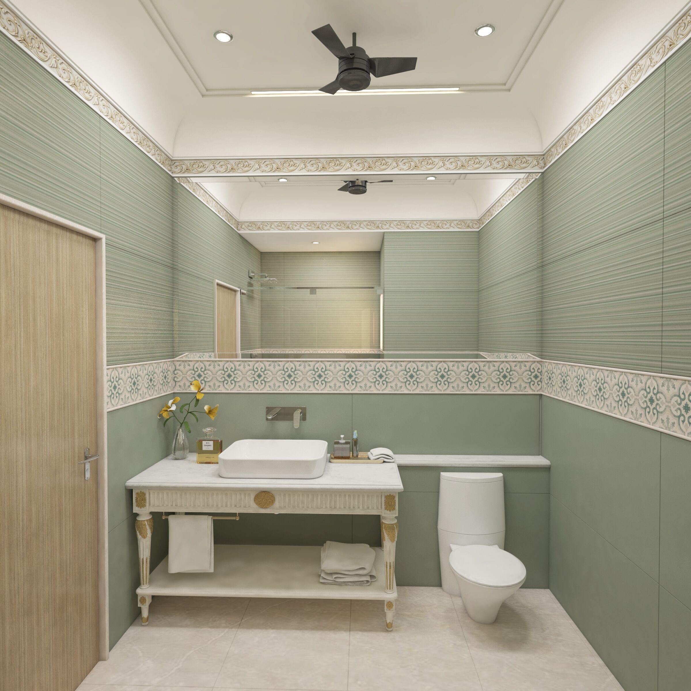 A bathroom with a vanity, sink, toilet, and ceiling fan.