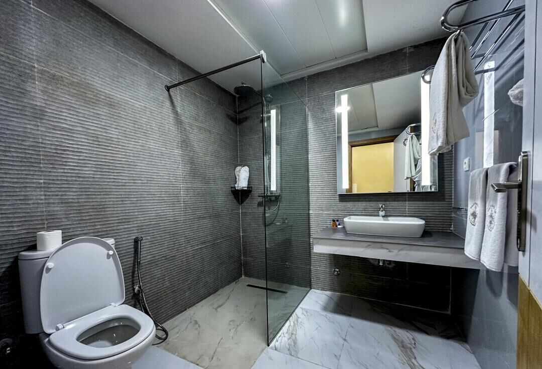 A modern bathroom with a glass shower enclosure, a white toilet, and a vanity with a sink.