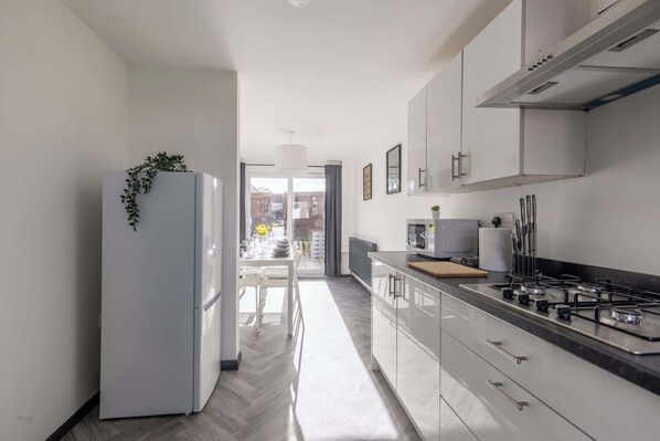 Frigorífico, microondas, horno y placa de cocina