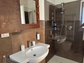 Shower, hair dryer, bidet, towels