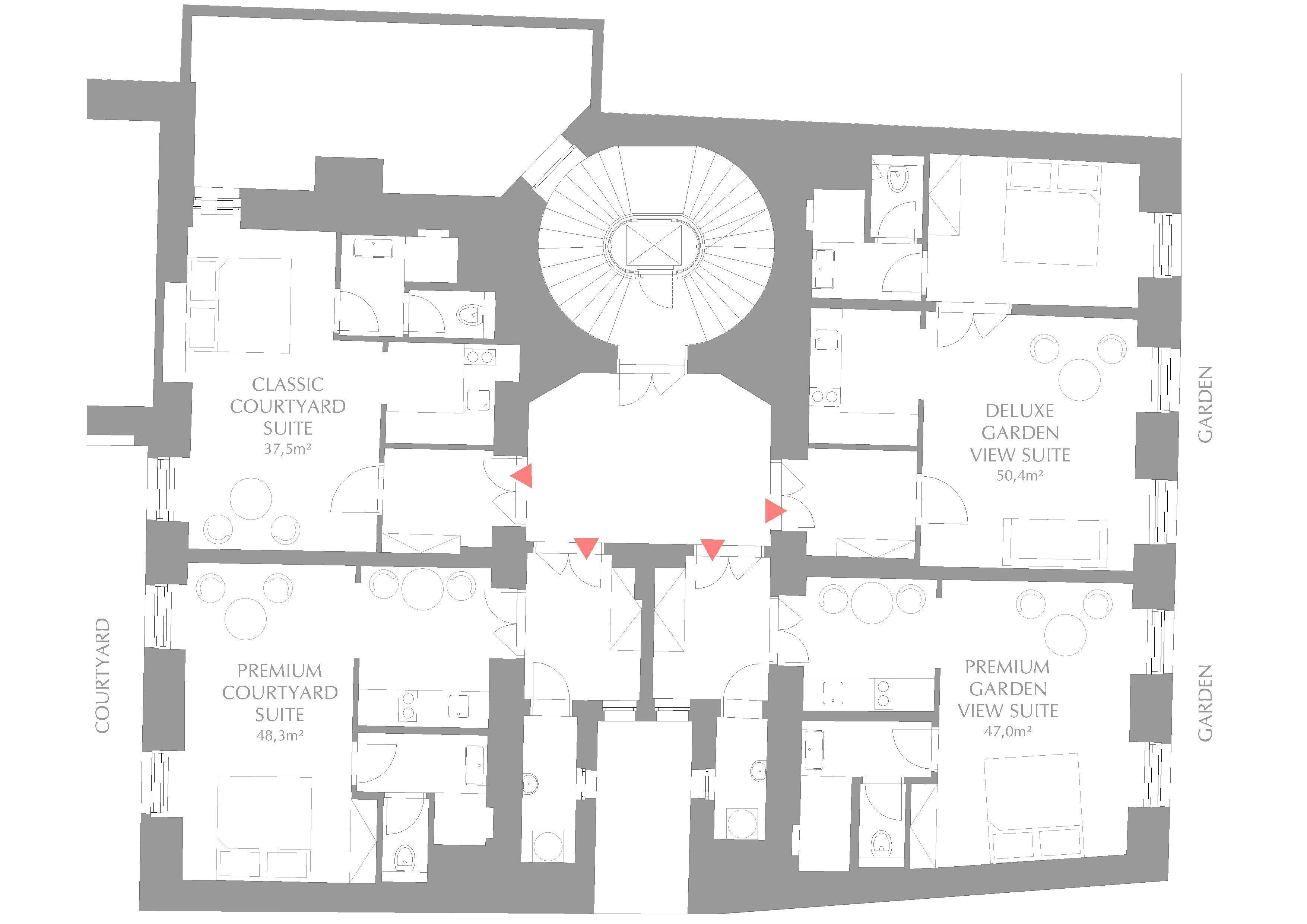 Plànol d'un hotel que mostra la Suite Cort Interior Clàssica (37,5m²), la Suite Jardí Deluxe (50,4m²), la Suite Cort Interior Premium (48,3m²) i la Suite Jardí Premium (47,0m²).
