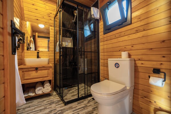 Bagno di una baita in legno con box doccia in vetro, lavandino e water.
