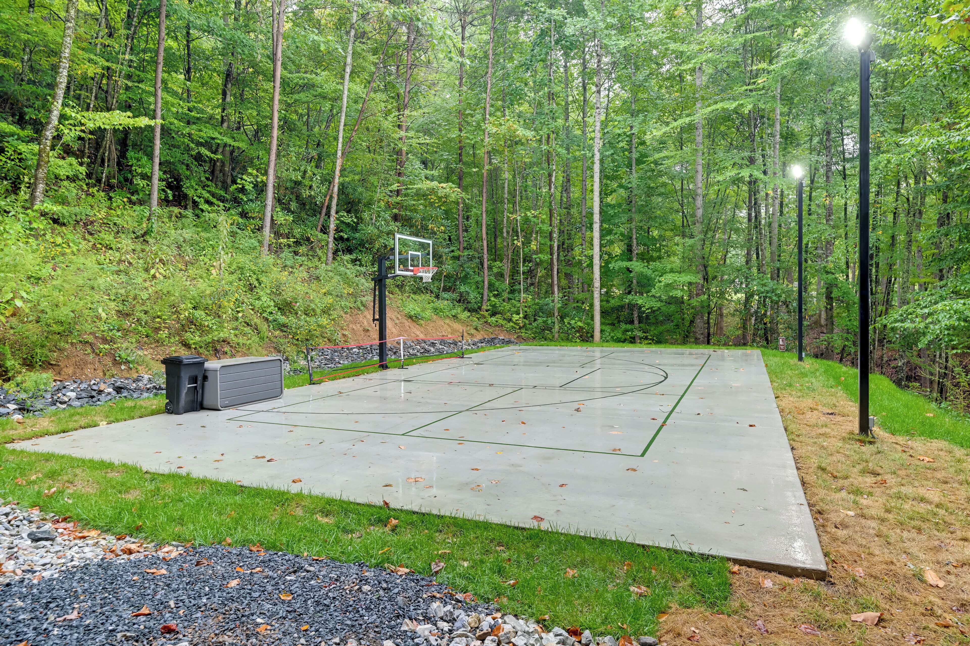Una cancha de baloncesto al aire libre rodeada de un bosque denso.