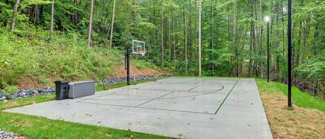 Una cancha de baloncesto al aire libre rodeada de un bosque denso.