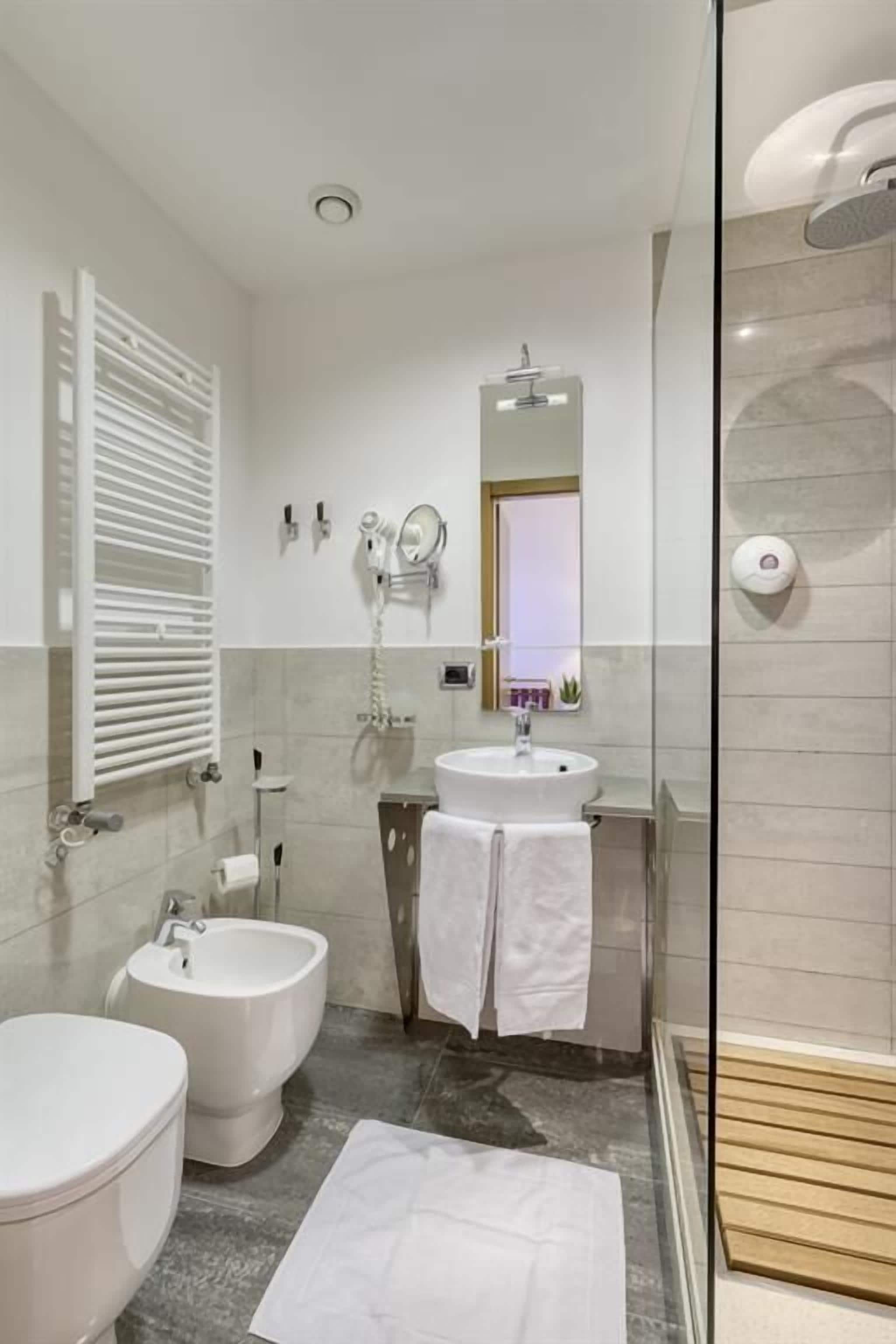 A modern bathroom with a glass shower enclosure, a white sink, and a bidet.