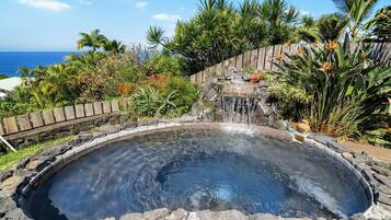 Une source thermale dotée d’une terrasse en bois et agrémentée de plantes tropicales.