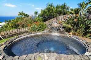 A hot spring with a wooden deck and tropical plants.