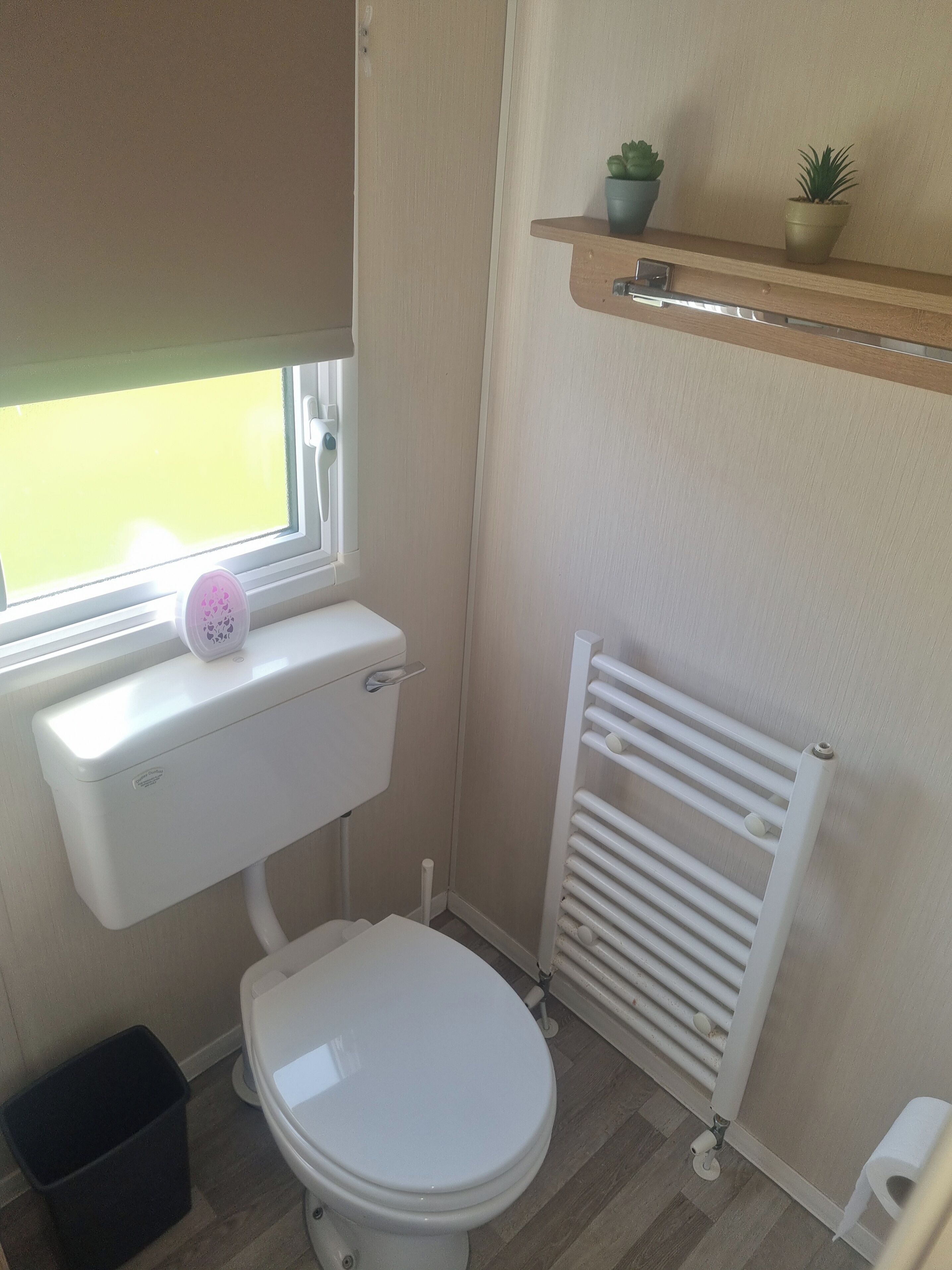 A compact bathroom with a toilet, a radiator, a window with a blind, and a small shelf with plants.