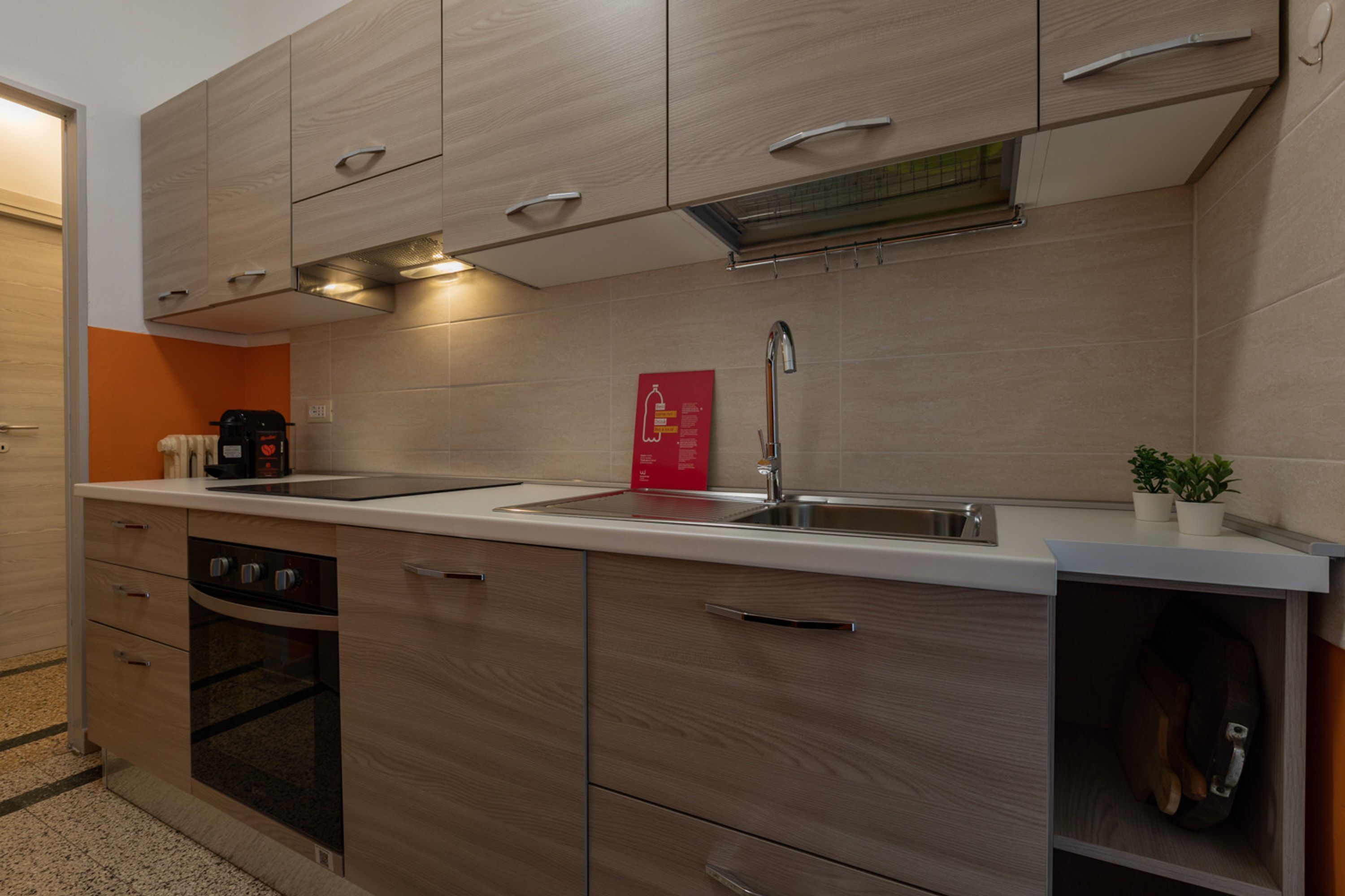Une cuisine moderne avec des meubles en bois, un évier à deux bacs, un four encastré et une petite plante posée sur le plan de travail.
