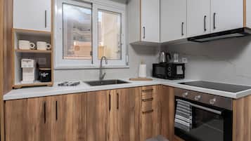 Classic Apartment, City View | Private kitchen | Full-size fridge, microwave, oven, stovetop