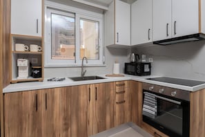 Appartement Classique, vue ville | Cuisine privée | Grand réfrigérateur, micro-ondes, four, plaque de cuisson