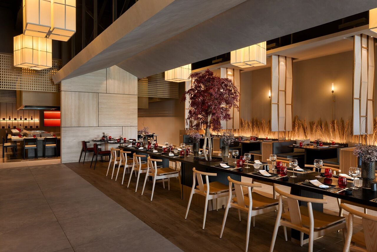 A modern dining area with long tables, chairs, and ambient lighting.