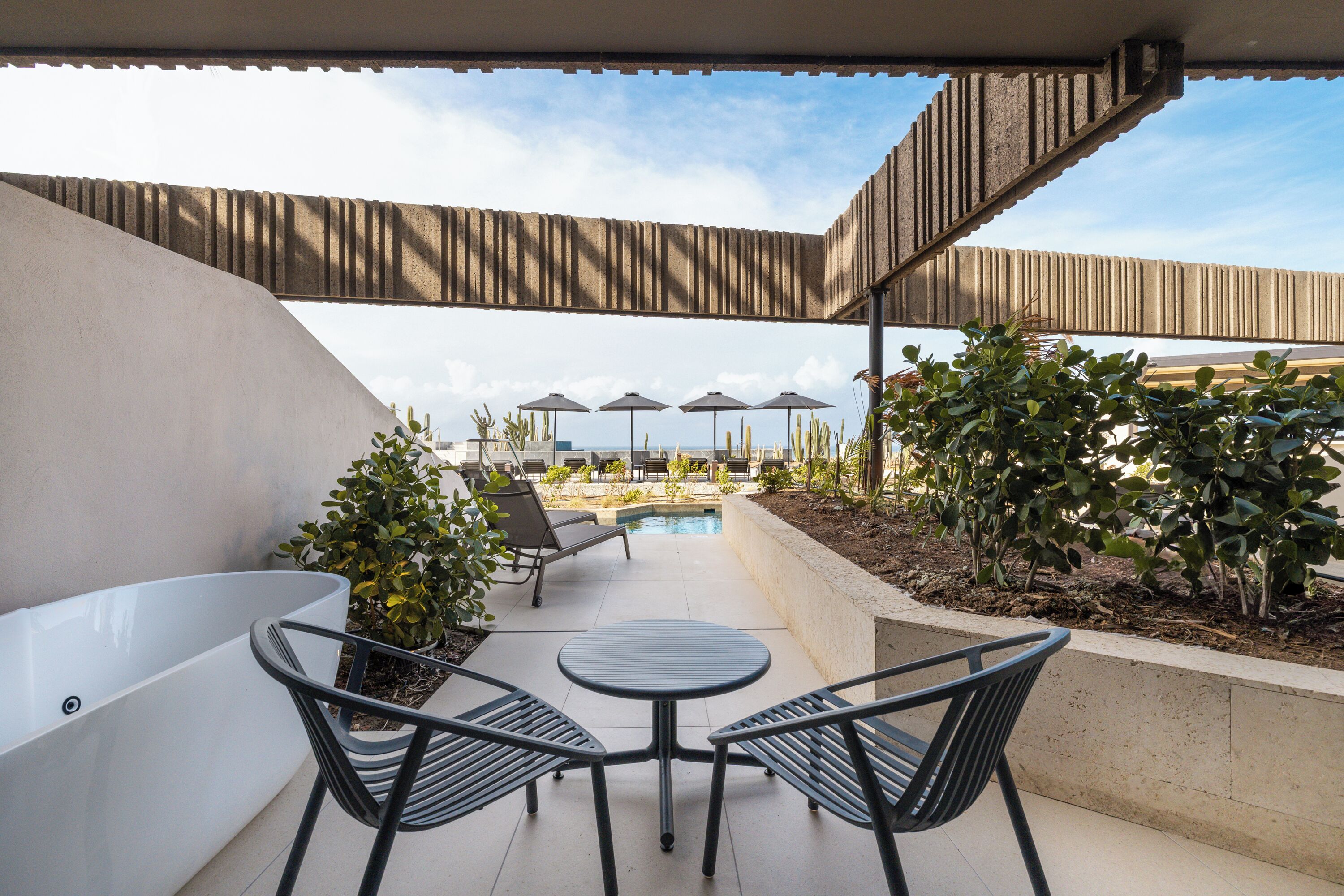 A rooftop terrace with a pool, lounge chairs, and umbrellas.