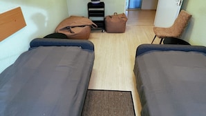 A small, well-lit room with two beds, a potted plant, a chair, and a desk. - Artihost (Panevezys)