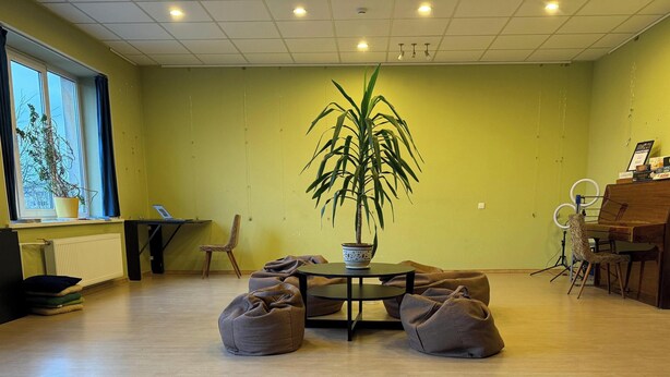 A workspace with desks, bean bags, and a large plant. It advertises fast internet speeds. - Artihost (Panevezys)