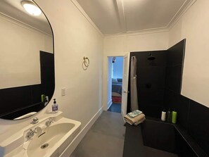 Hair dryer, bidet, towels, soap