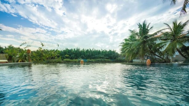 A clear swimming pool with calm water, surrounded by lush greenery and palm trees.