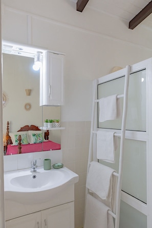 Douche, serviettes fournies, savon, papier toilette
