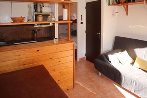 A compact kitchen with wooden cabinets and a countertop, a dining table, and a sofa with cushions. - 50m from resort center, 1st floor, balcony, tv, 25m², Les Orres (Les Orres)
