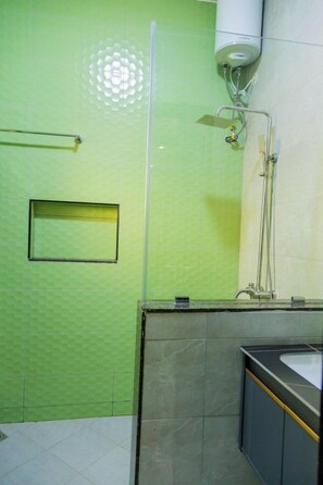 Economy appartement, uitzicht op de stad | Badkamer | Een douche, handdoeken, zeep, shampoo